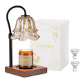 Candle warmer lamp with timer, black stand and gold floral glass shade