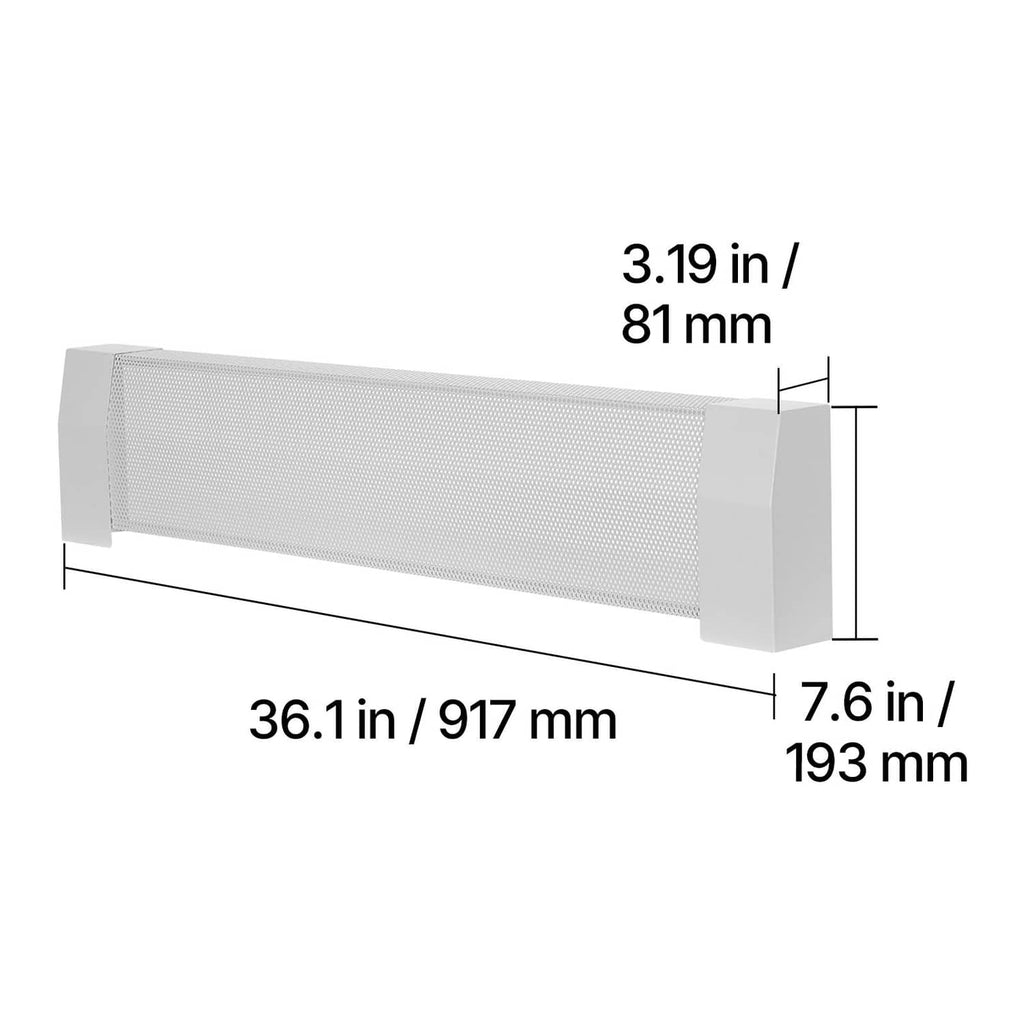 White baseboard heater cover dimension diagram with height and length measurements