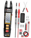 Black TRMS clamp multimeter tester with LCD screen, red and black probe leads, accessories kit