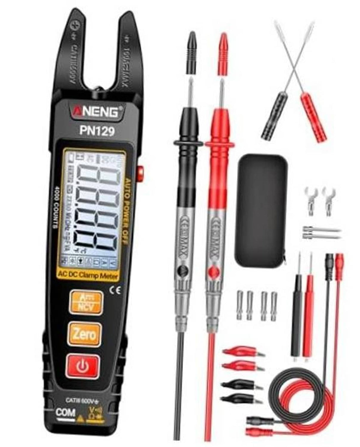 Black TRMS clamp multimeter tester with LCD screen, red and black probe leads, accessories kit
