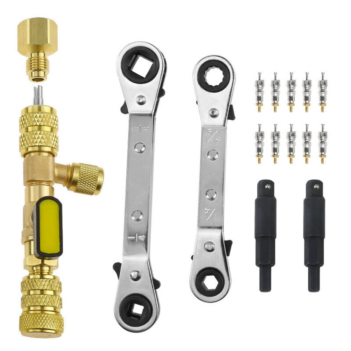 Brass HVAC valve core remover and installer tool with hex bit adapter set