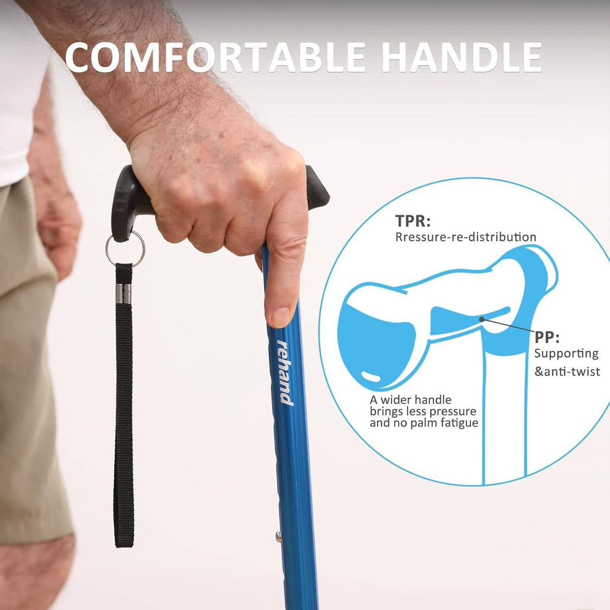 Ergonomic handle walking cane with wrist strap, showing comfort grip design close-up.