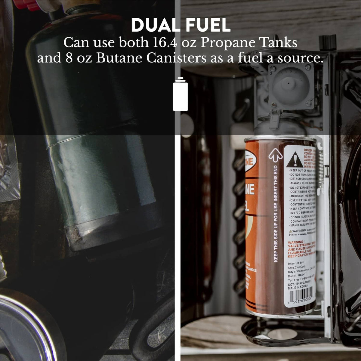 Dual-fuel stove with compartment holding propane and butane canisters, regulator fittings