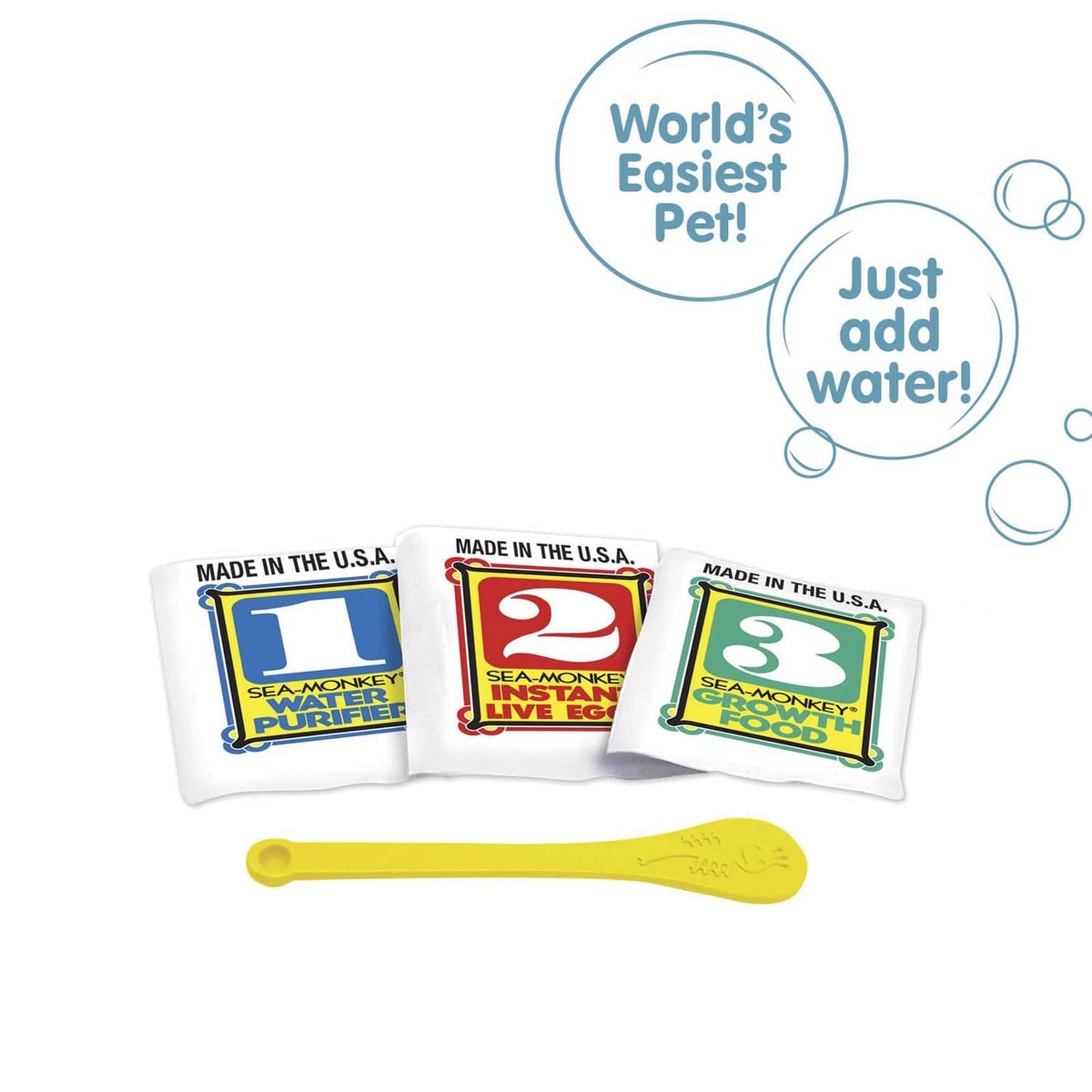 Sea-monkeys® Instant Life packets and yellow measuring spoon, made in the USA