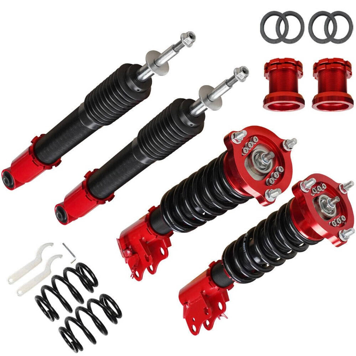Coilover struts with adjustable threaded bodies, red caps, black springs and small accessories