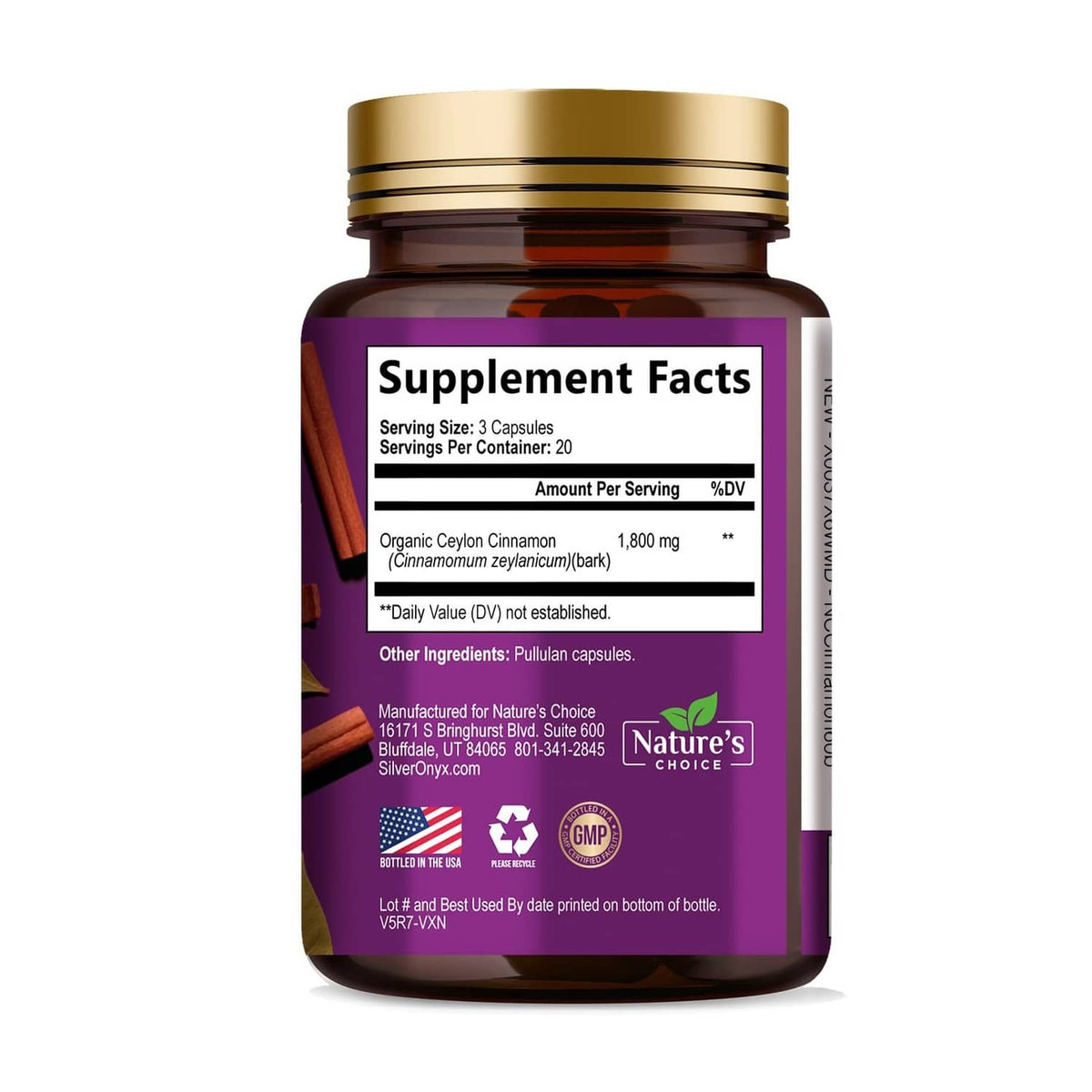 Ceylon cinnamon capsules bottle back showing Supplement Facts, ingredients, and manufacturer info.