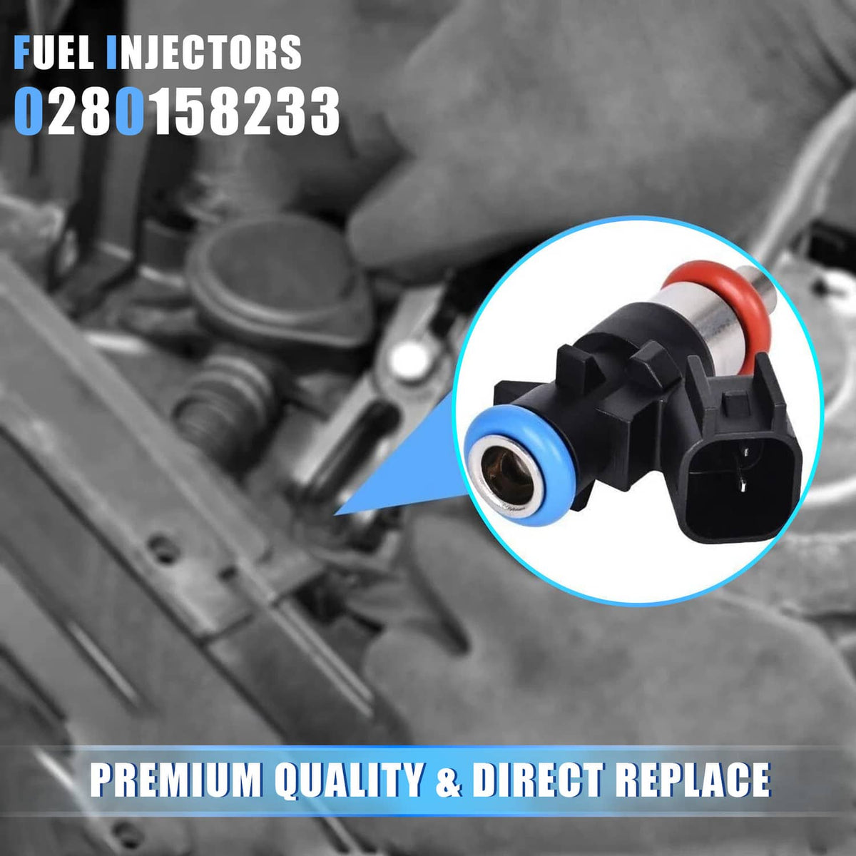 Close-up of fuel injector with black housing, blue insulator, and orange seal; electrical plug visible