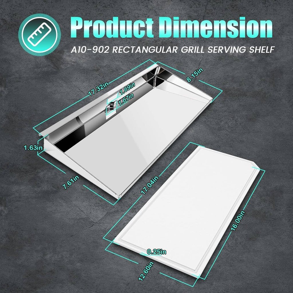 Rectangular grill serving shelf with removable cutting board, shown with size dimensions