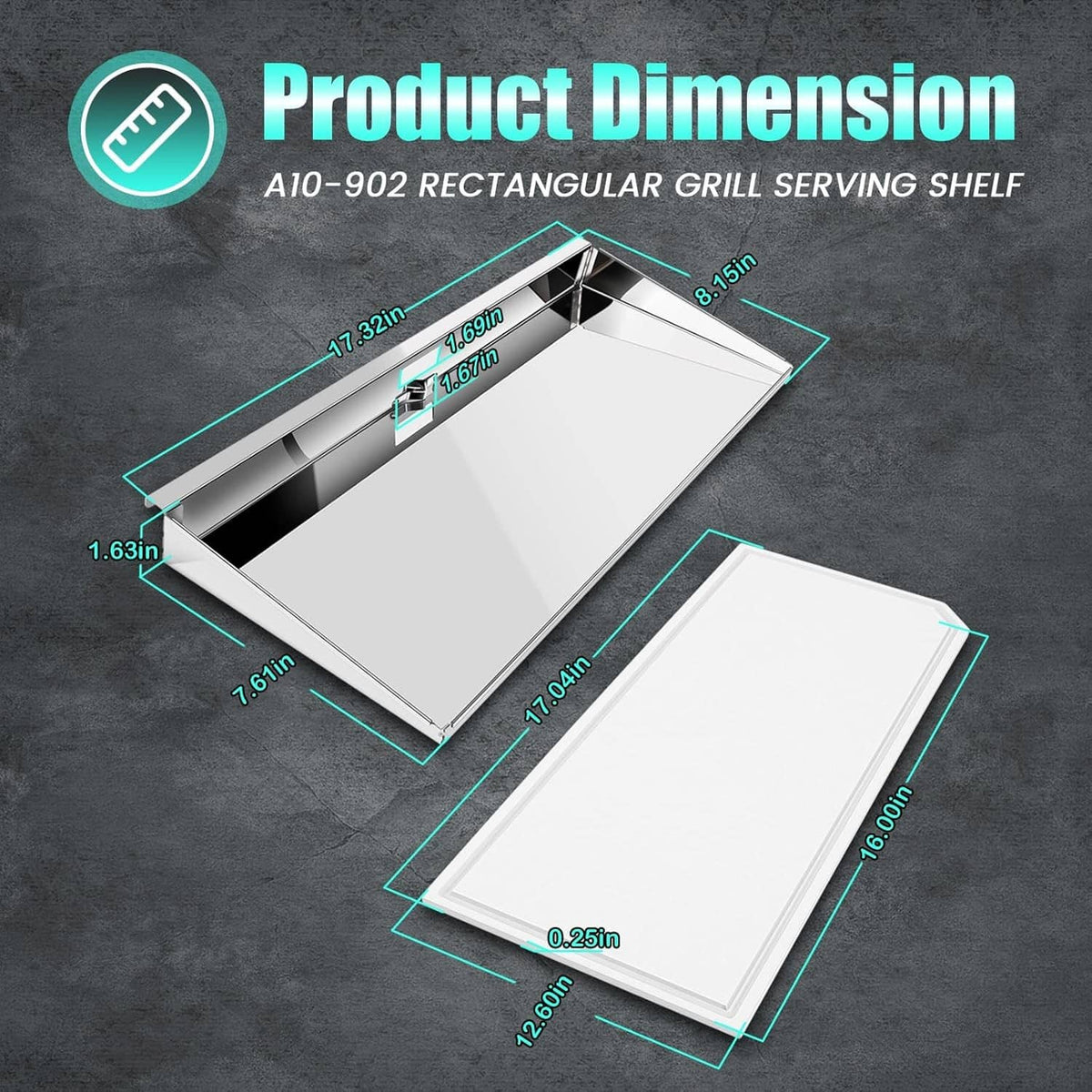 Rectangular grill serving shelf with removable cutting board, shown with size dimensions