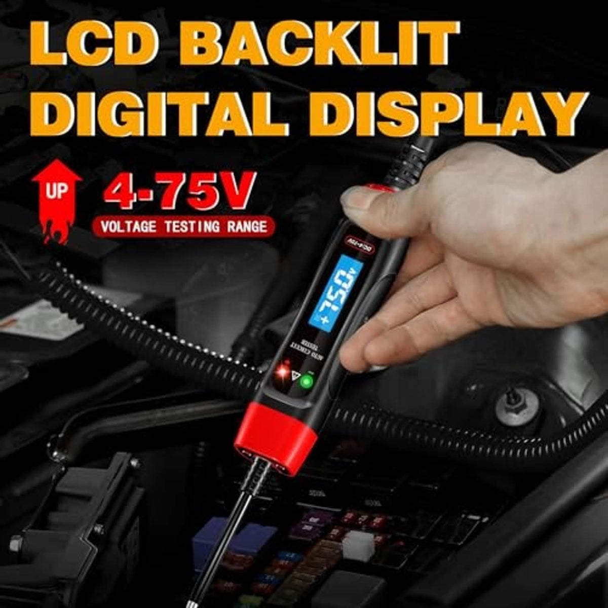Handheld DC voltage tester with backlit LCD display and red-and-black housing