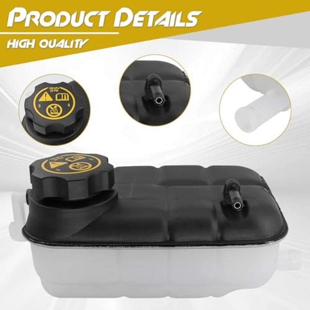 Coolant reservoir tank with cap, right-side outlet, and black top