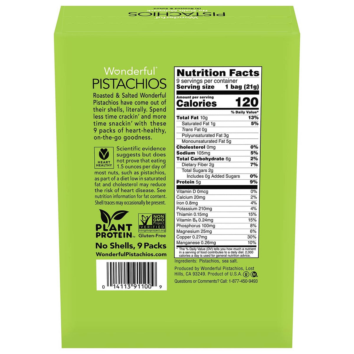 Wonderful Pistachios back label nutrition facts and Plant Protein No Shells details