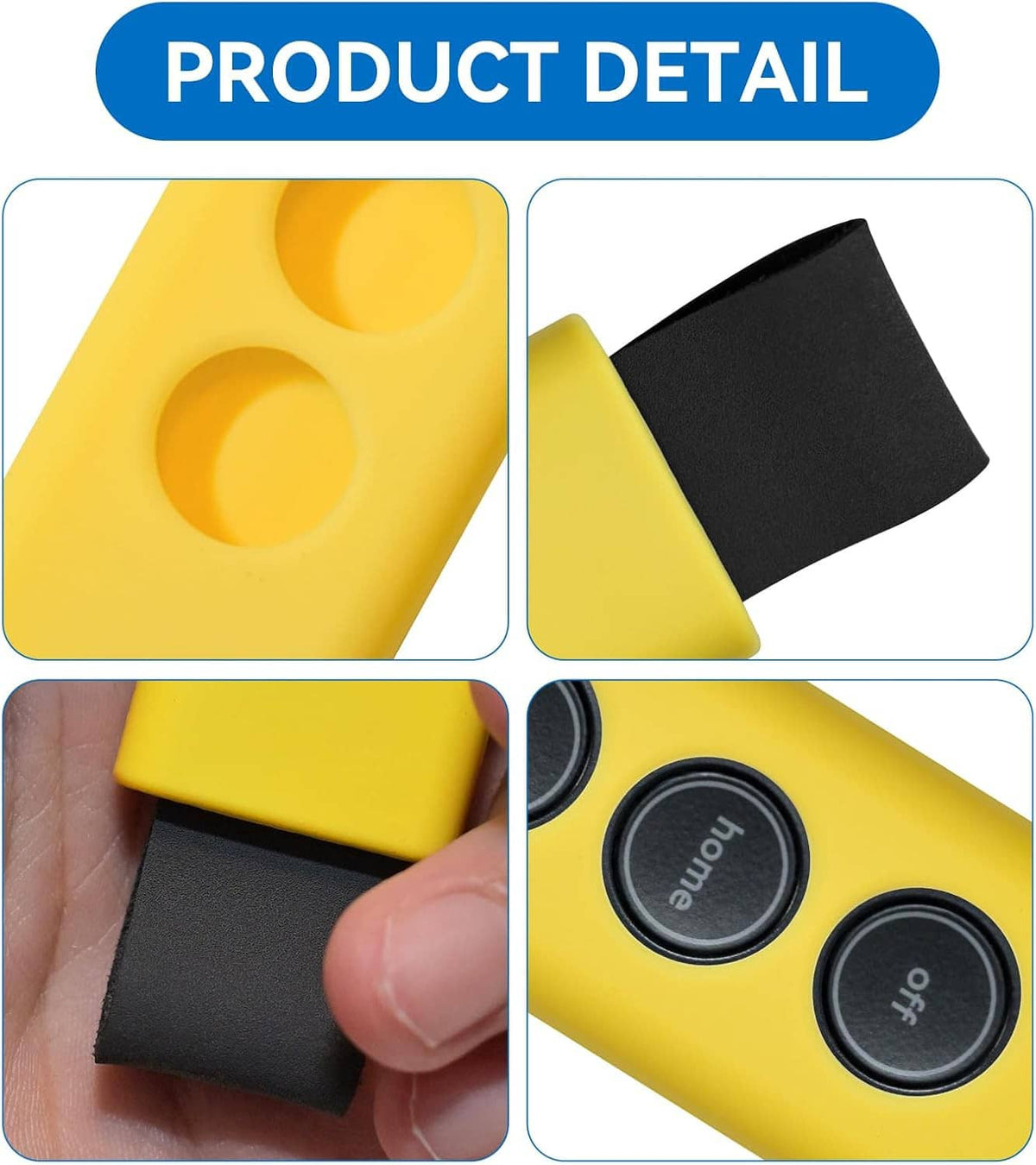Yellow silicone key fob cover detail with molded openings and three black button covers