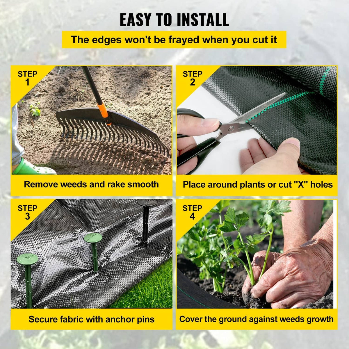 Black weed barrier fabric being cut and laid around plants with green seam