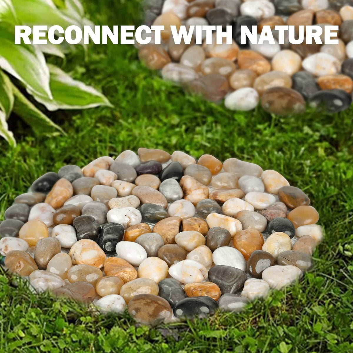 Round river rock stepping stone mat with multi-color pebbles outdoors on grass