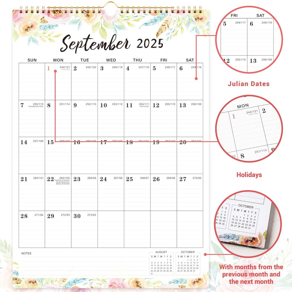 Floral monthly wall calendar with spiral binding, September 2025 page with date notes