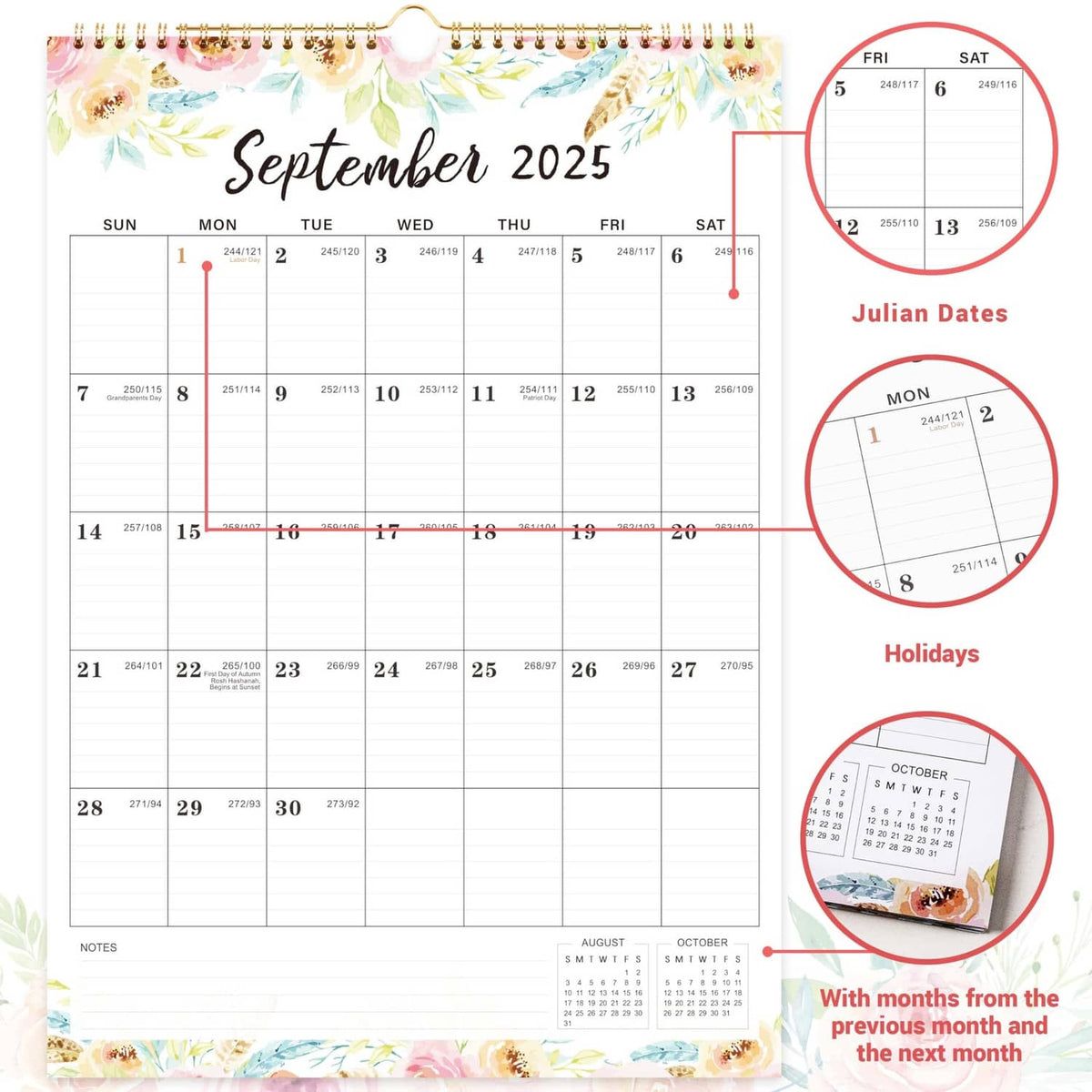 Floral monthly wall calendar with spiral binding, September 2025 page with date notes