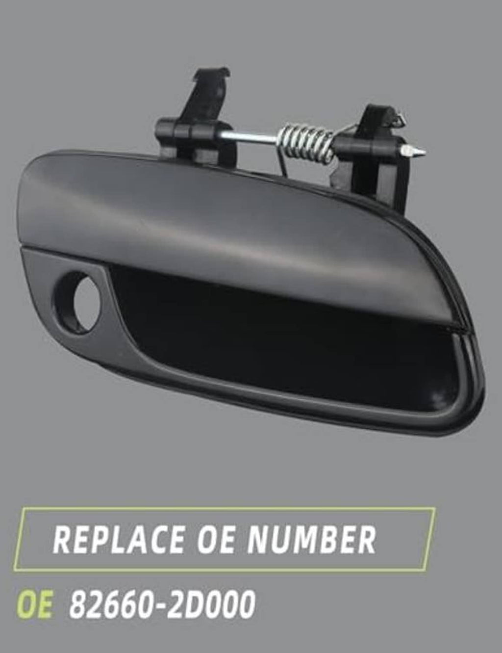 Passenger-side exterior door handle, dark gray/black, side view with mounting bar