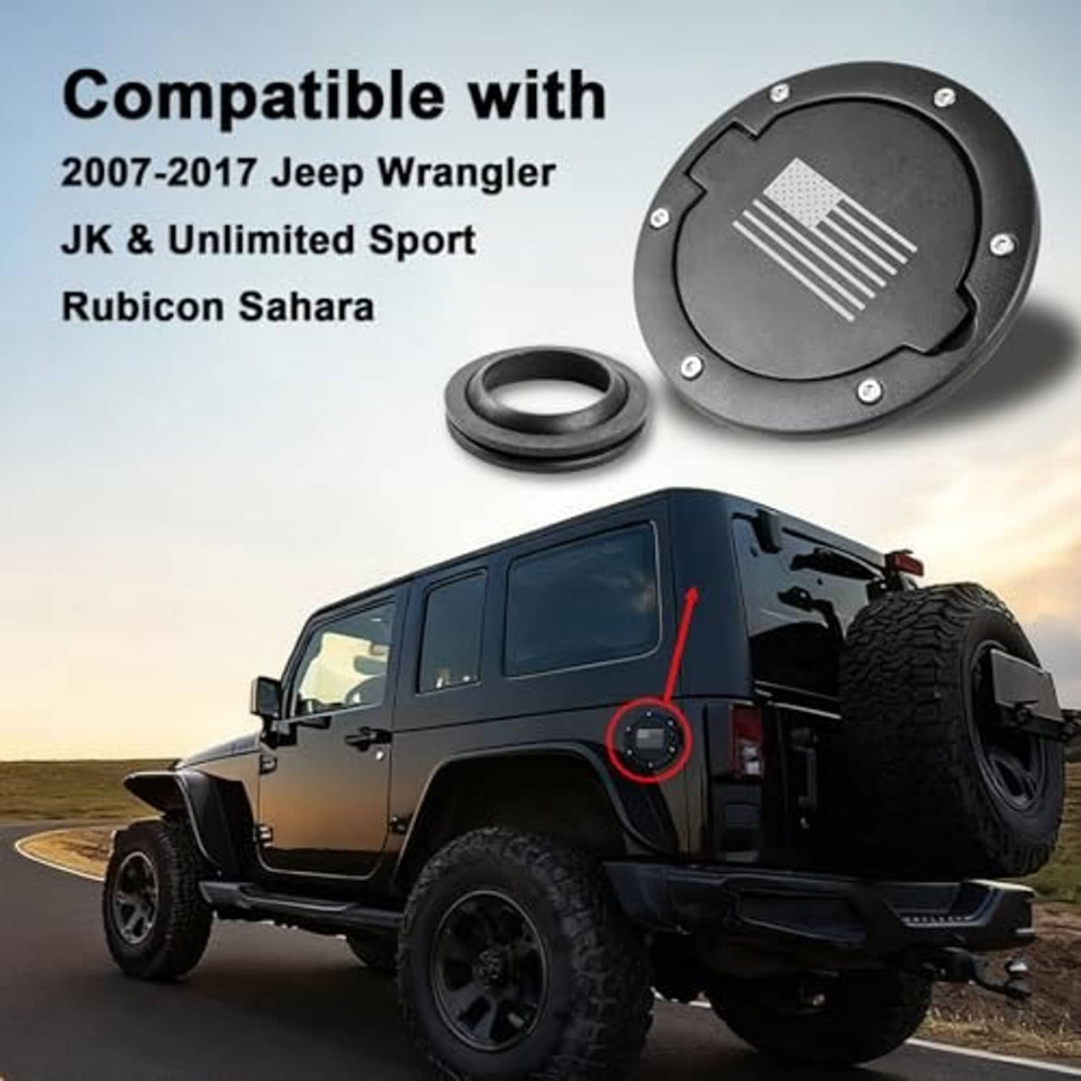 Black gas cap cover with US flag-style insert and separate rubber gasket ring