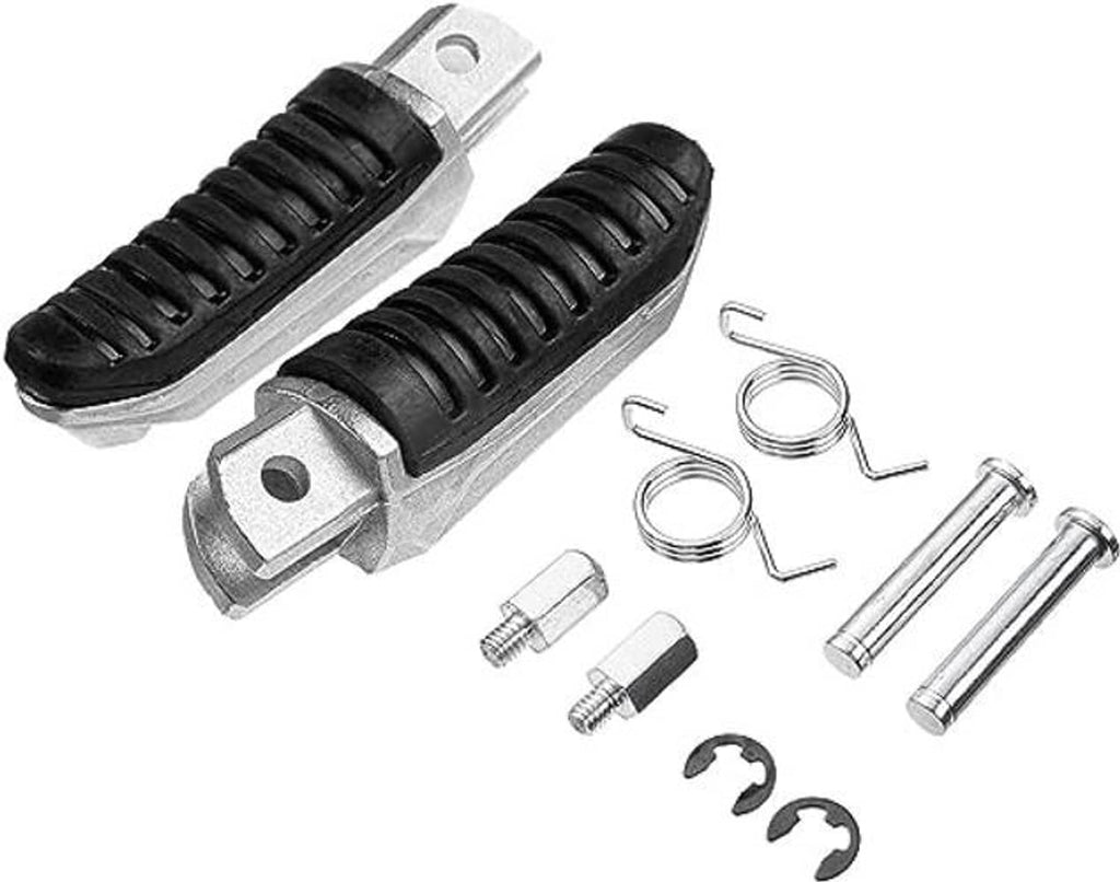 Front foot peg pair with black ribbed rubber and silver metal base, plus springs and fasteners.