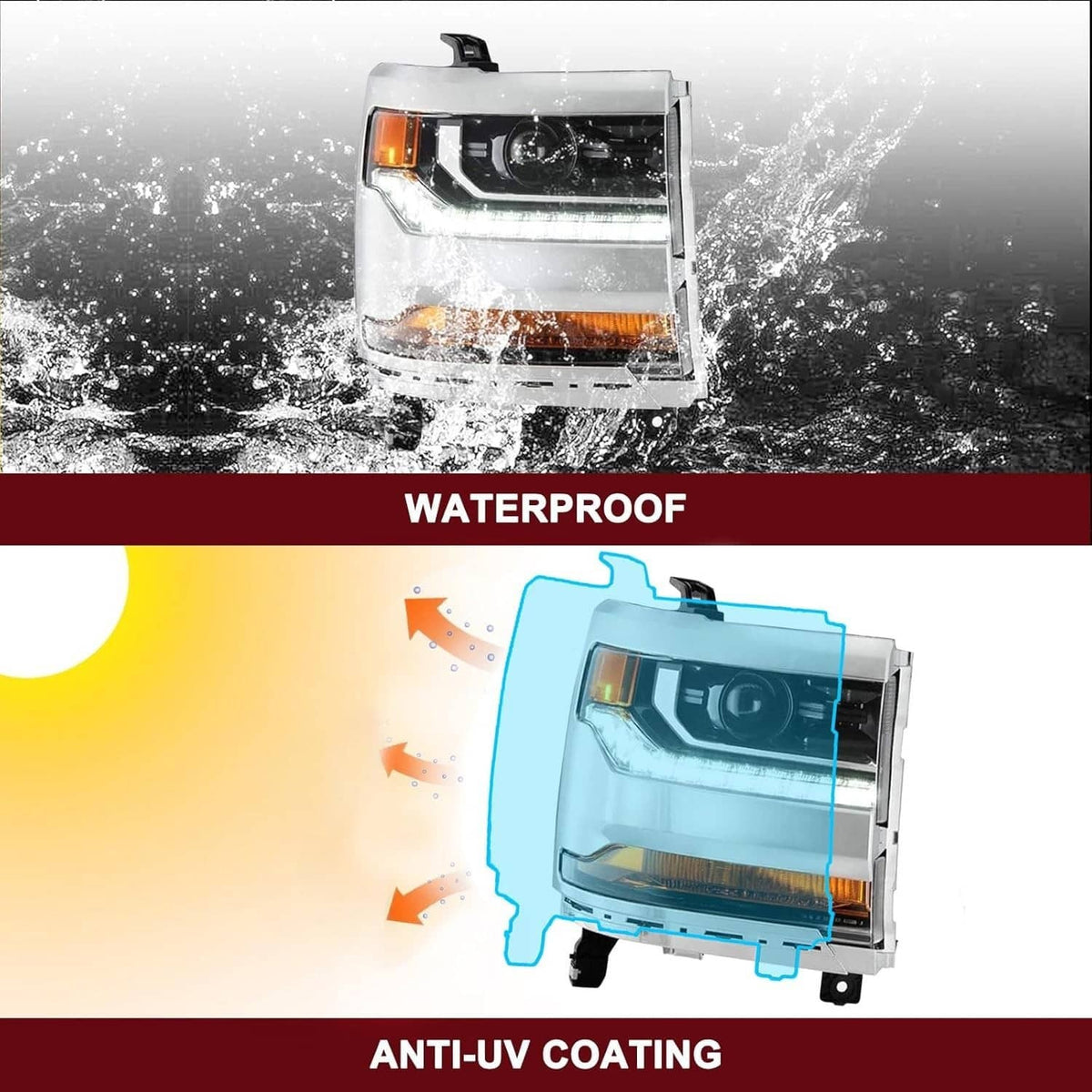 HID/Xenon headlight assembly shown with water splash protection design
