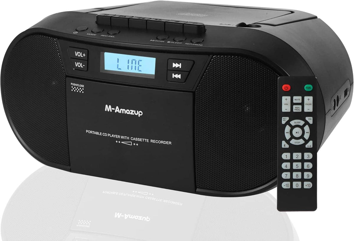 Front close-up of black portable CD and cassette player with display and side buttons