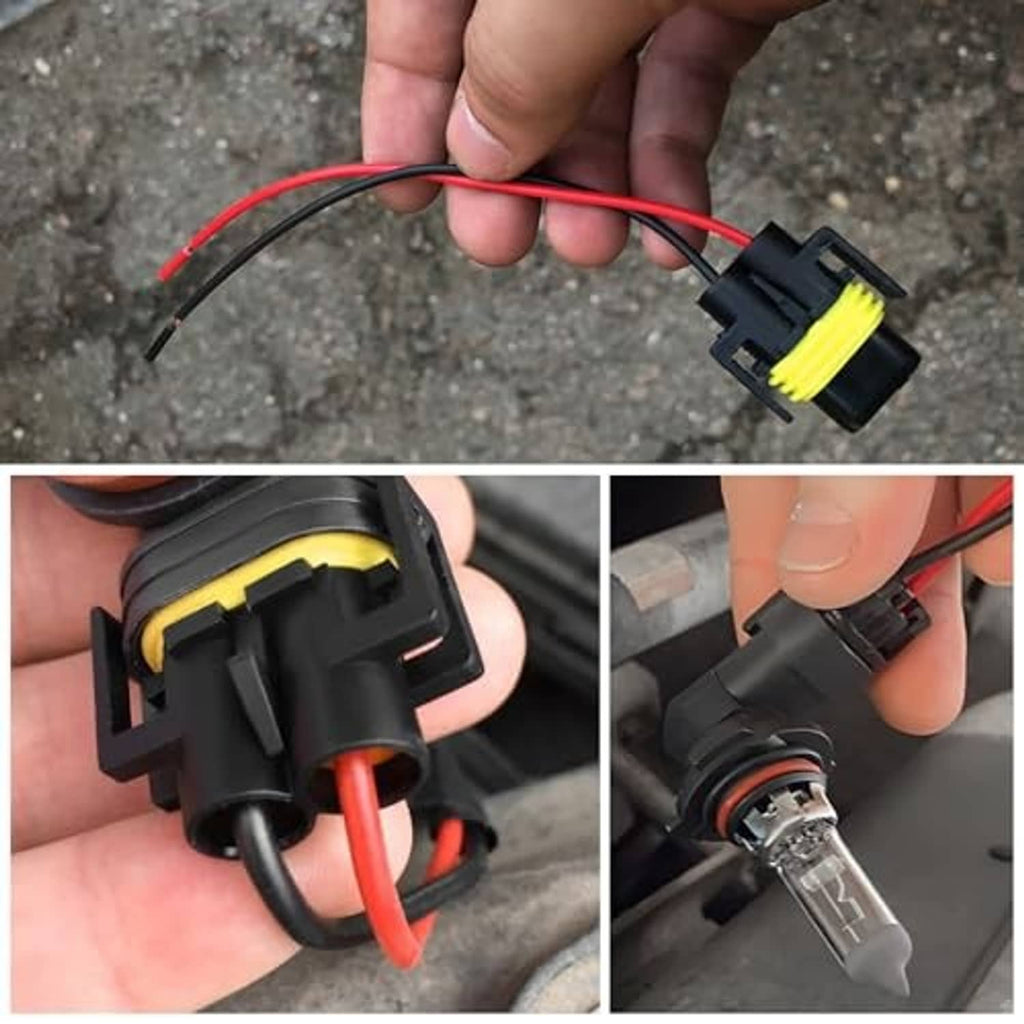 Black headlight wiring plug with yellow seal and red/black wires in hand