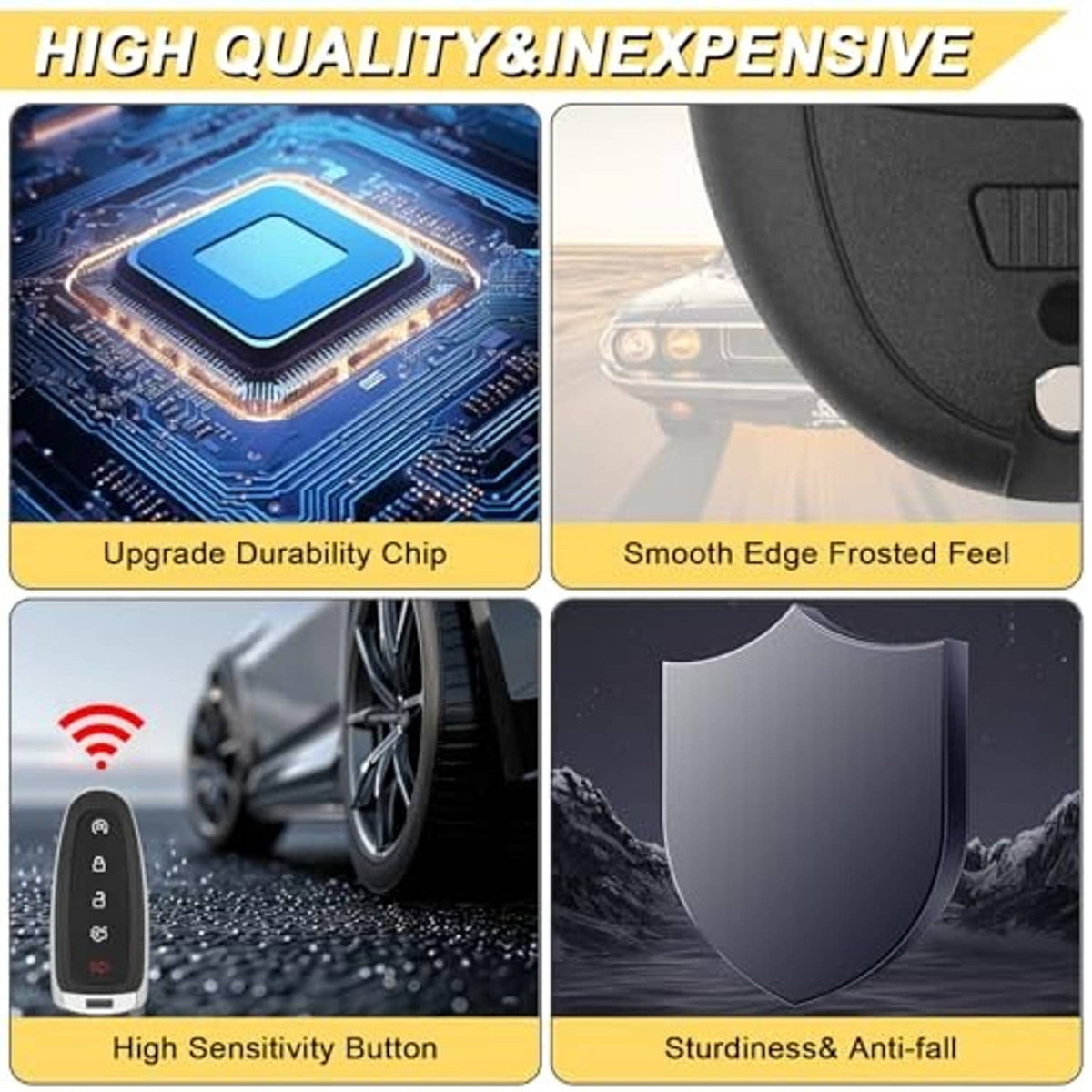 Black key fob remote featuring durable chip, smooth edge, high sensitivity, and anti-fall