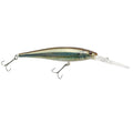 Blue-green minnow fishing crankbait with clear lip and two treble hooks
