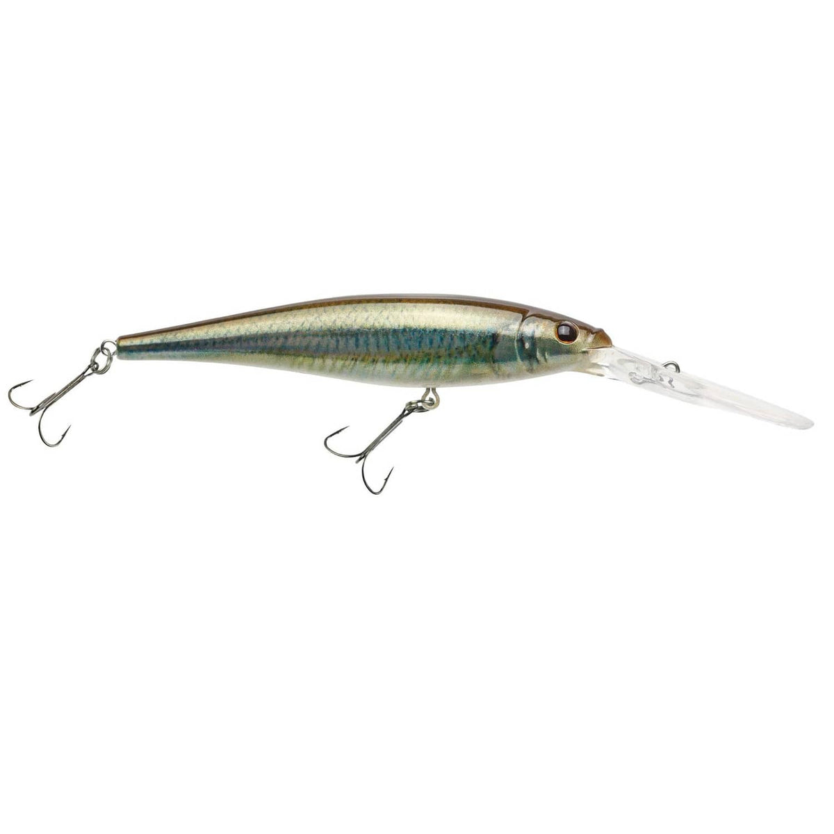 Blue-green minnow fishing crankbait with clear lip and two treble hooks