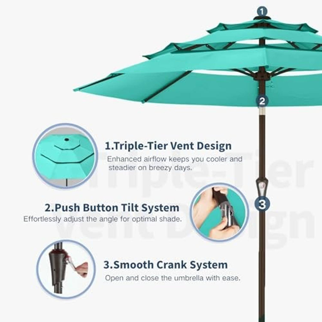 Turquoise three-tier umbrella with tilt and smooth crank system on tall pole