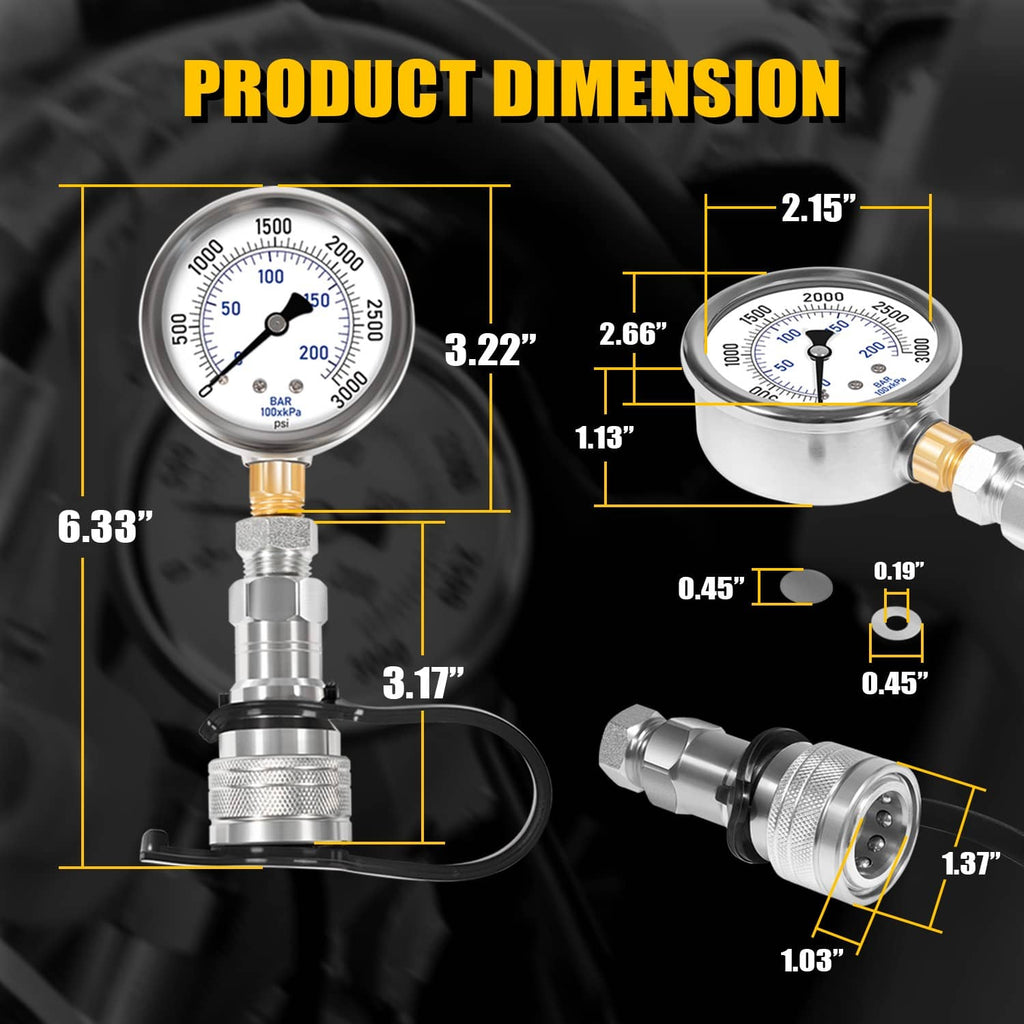 Hydraulic pressure gauge kit showing components with hose connector and metal body