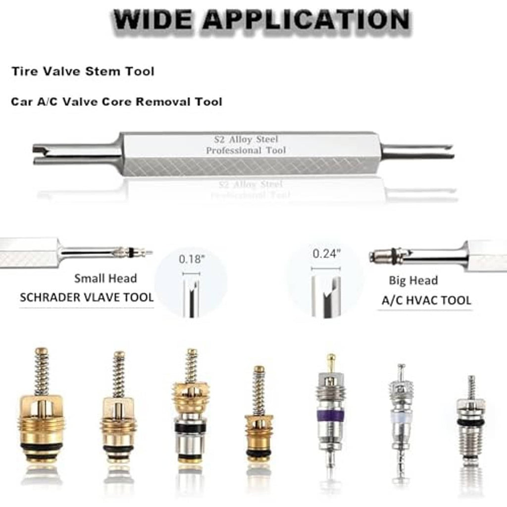 Valve stem tool with small and big heads plus multiple color-coded valve cores