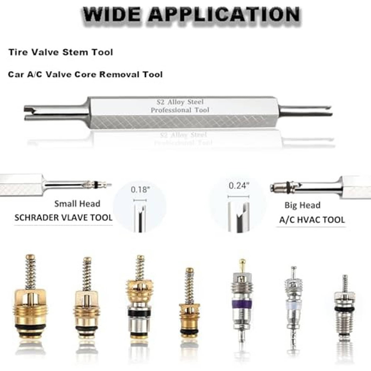 Valve stem tool with small and big heads plus multiple color-coded valve cores