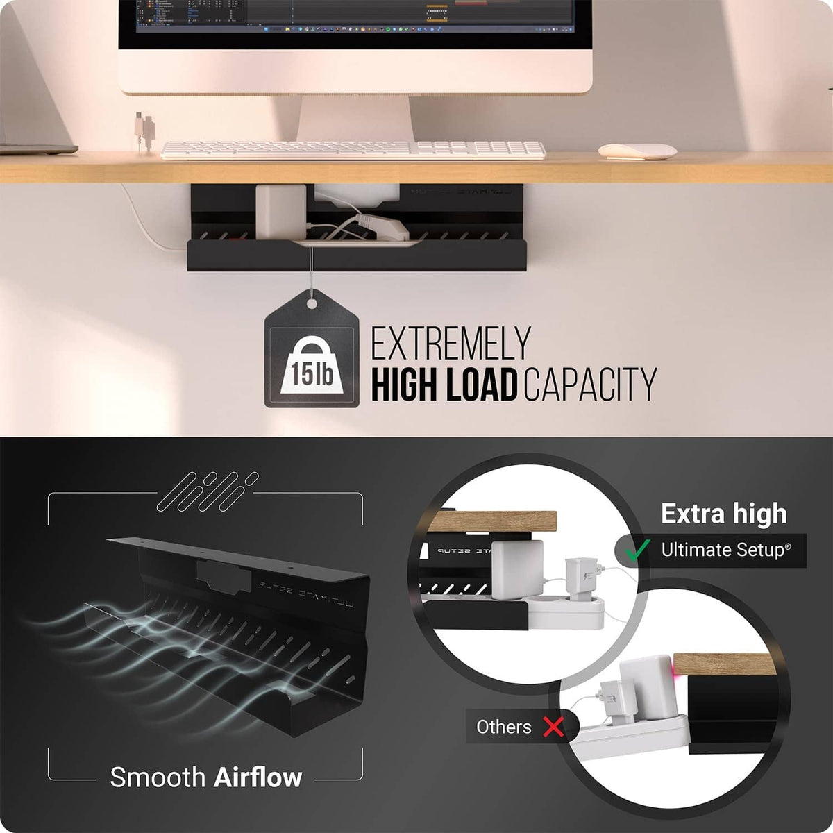 Black under-desk cable tray with reinforced frame for secure heavy cable and adapter support