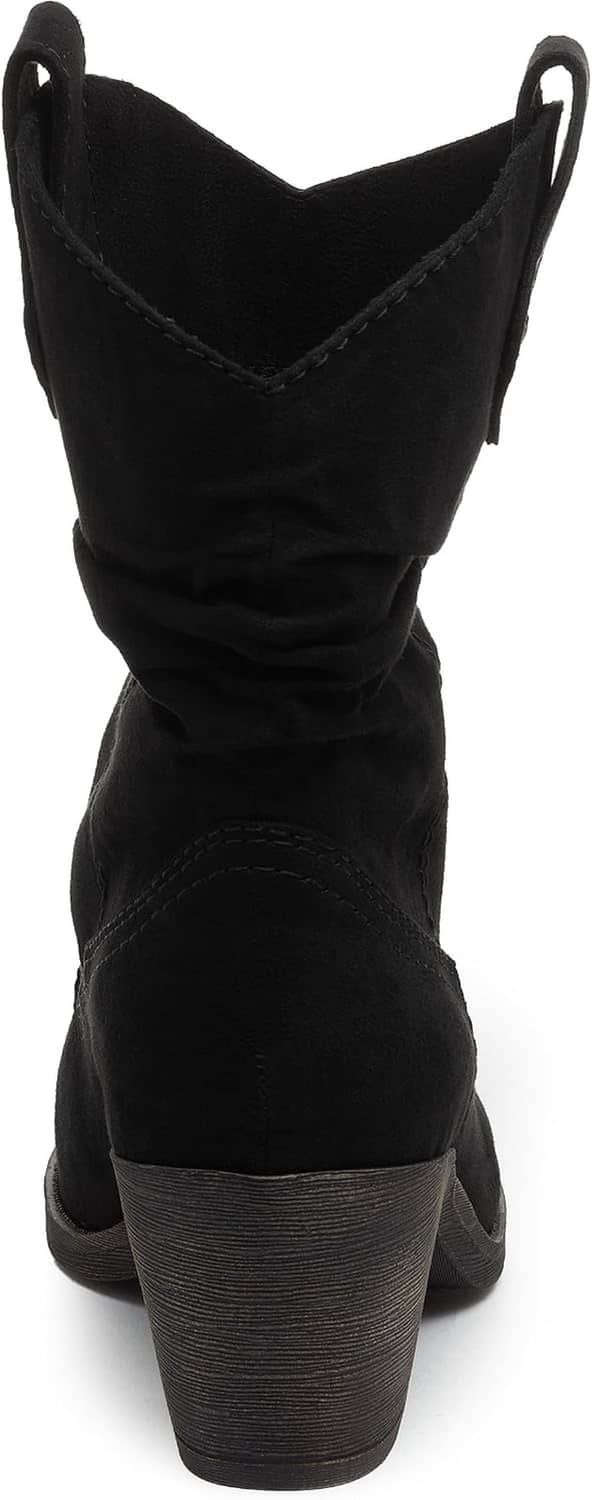 Black suede heeled ankle boots with back pull tabs and stitched slouch shaft