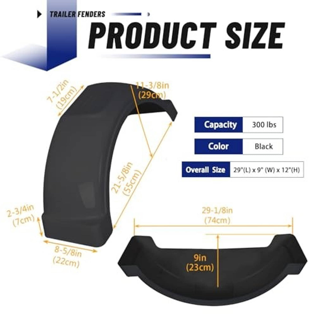 Black trailer fender product size view with overall shape and step-top design