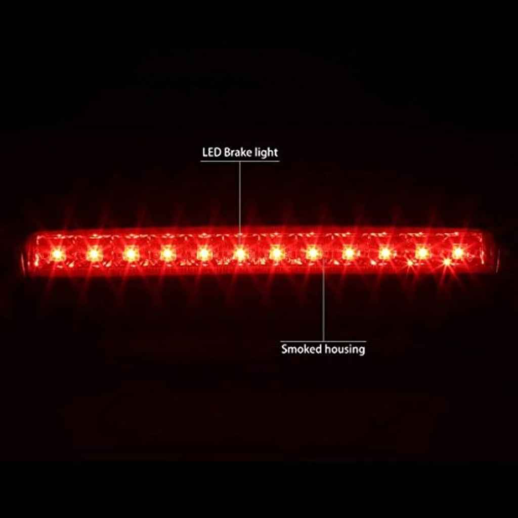 Lit LED third brake light strip with red glow and smoked housing