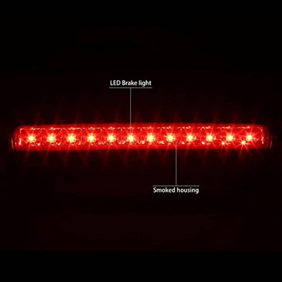 Lit LED third brake light strip with red glow and smoked housing