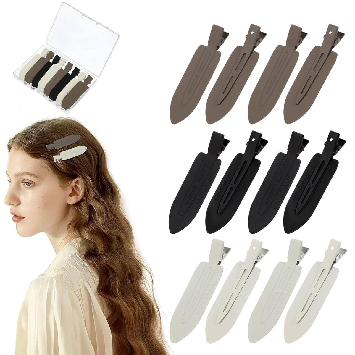 12-pack no-crease hair clips in brown, black, and light beige; includes case