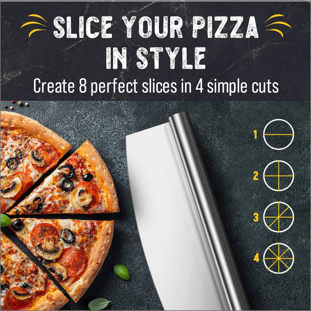 Stainless pizza rocker cutter for making multiple slices with black control handles