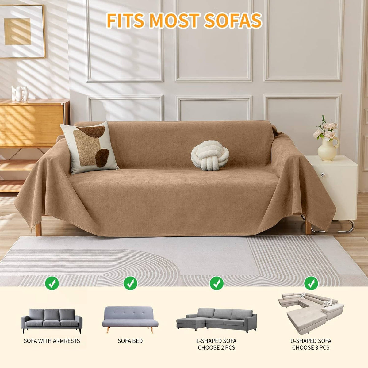 Brown couch cover fitting most sofas with full drape and armrest coverage