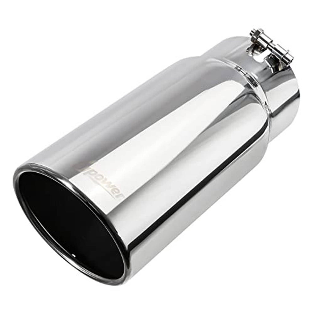 Chrome-style exhaust tip with round black outlet and mounted clamp brackets