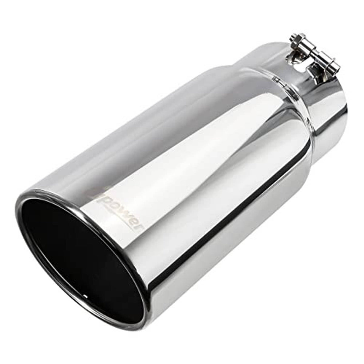 Chrome-style exhaust tip with round black outlet and mounted clamp brackets