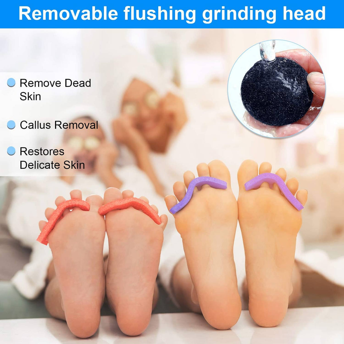 Removable foot grinder head with a round black abrasive pad attached