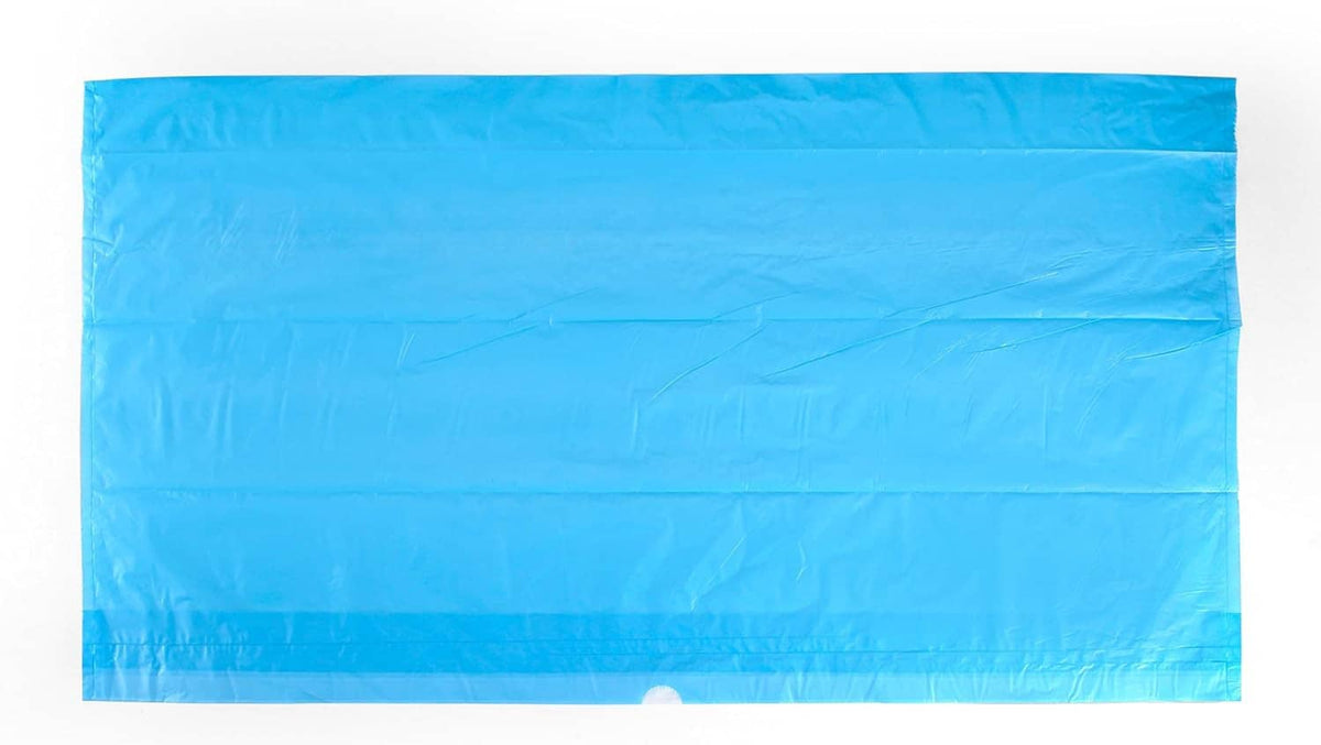 Blue drawstring litter box liner bag sheet, folded