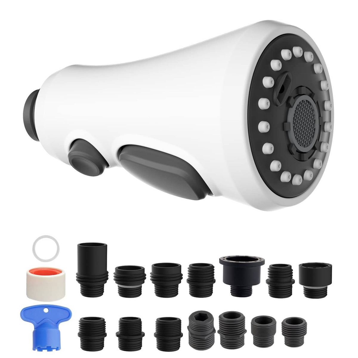 White pull-down kitchen faucet spray head with multi-jet face and black grip