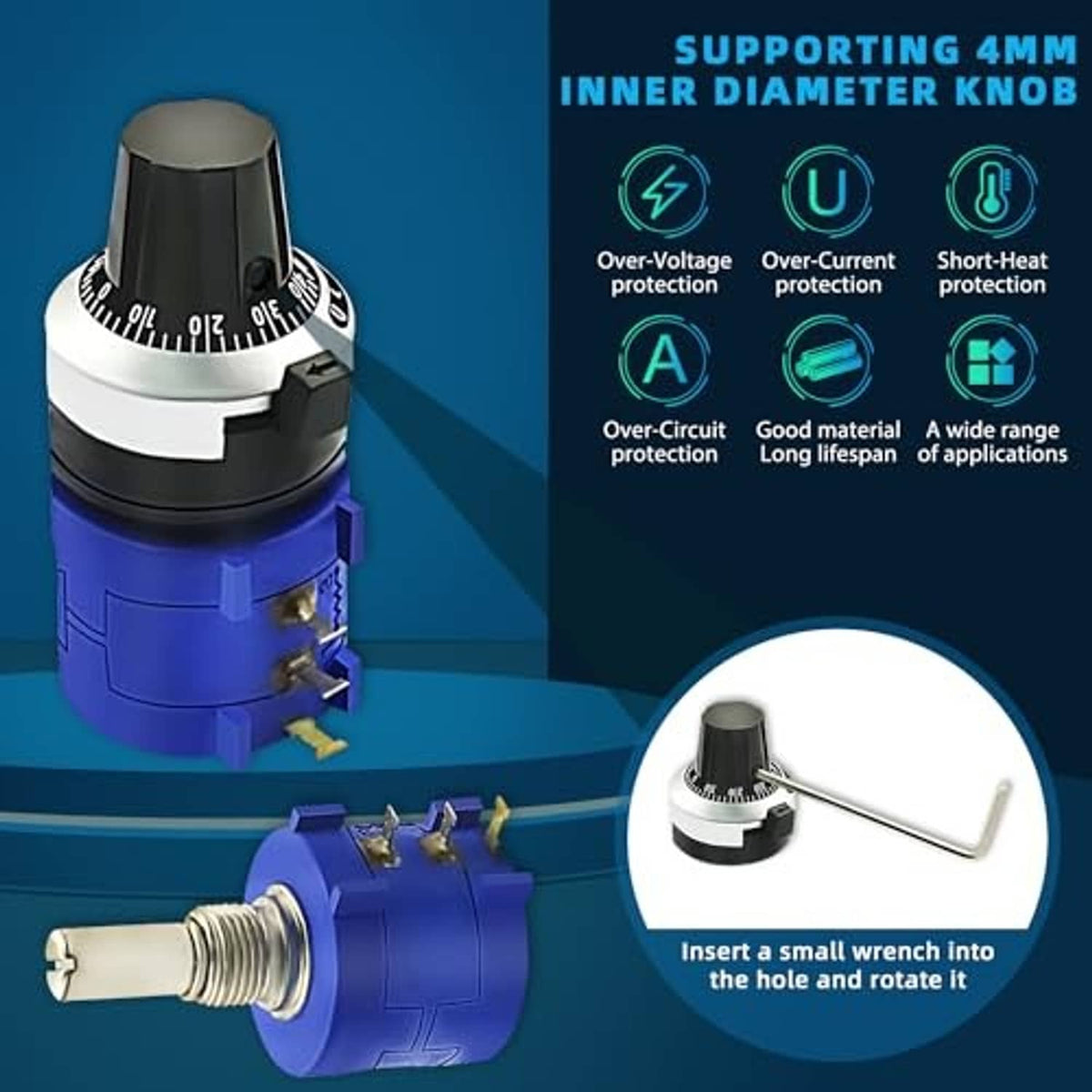 Rotary potentiometer with black knob and blue base; shows terminals and included wrench