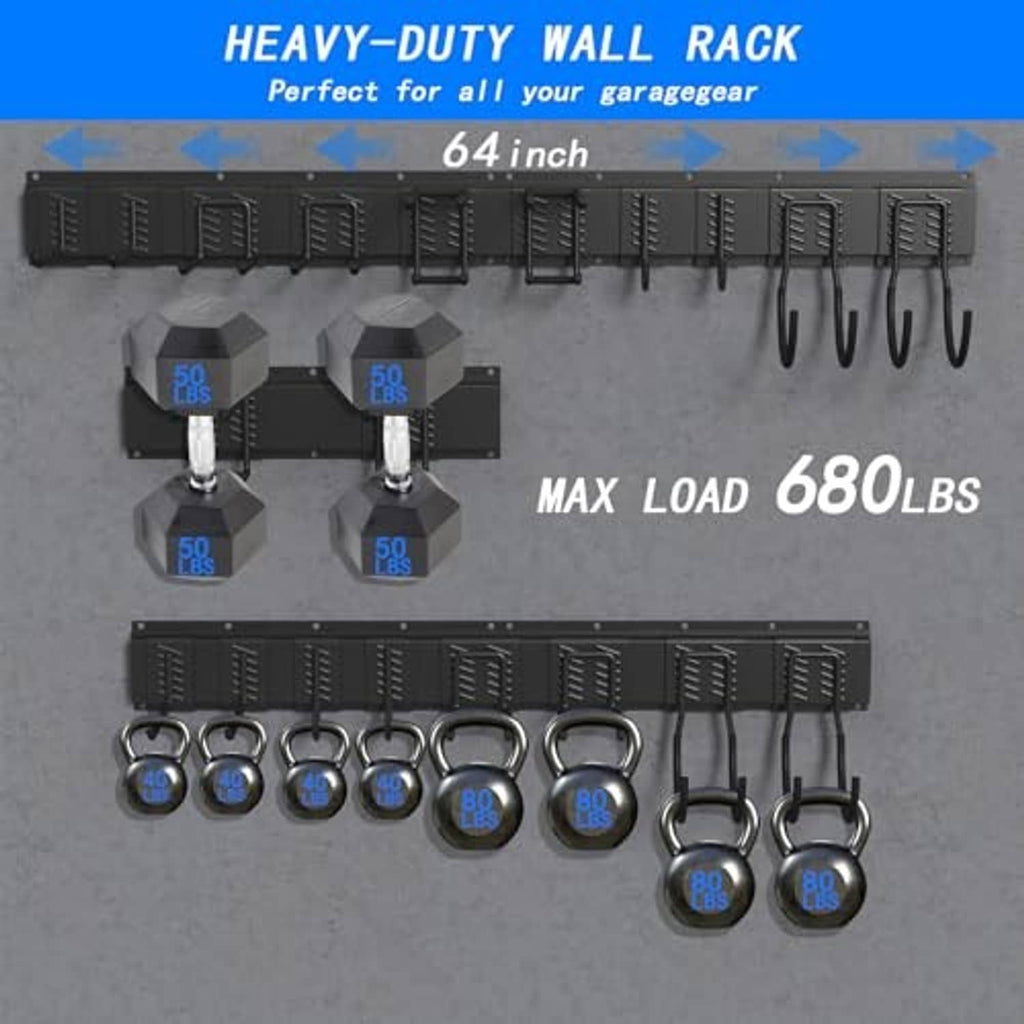 Heavy-duty wall tool rack with black hooks and MAX LOAD 680 LBS display