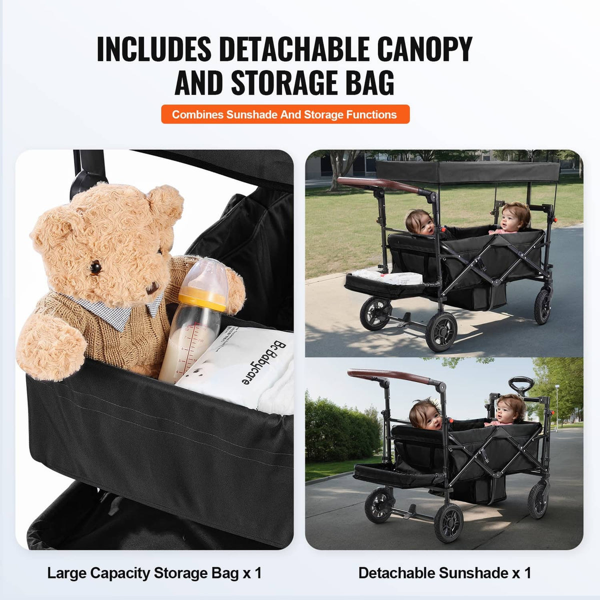 Black double stroller wagon with detachable canopy and large storage bag.